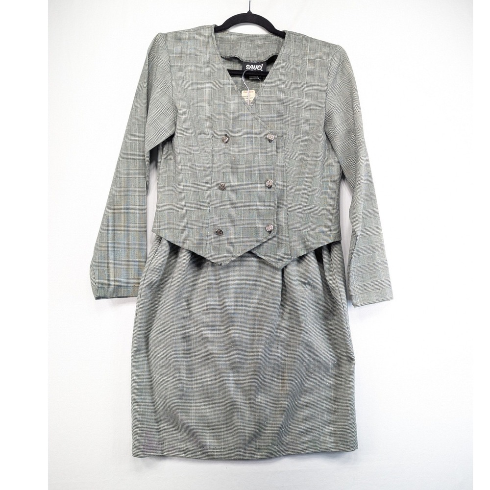 Vintage Sauci California Grey Glen Plaid Skirt Suit Set NWT Size 11 Made in USA